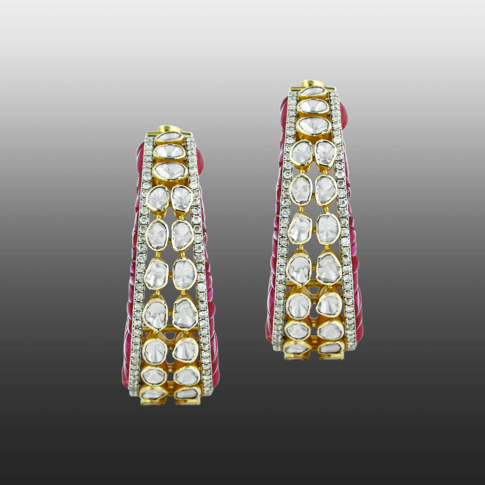 Polki Hoop Earrings with Red Talaf and Dual-Sided Design