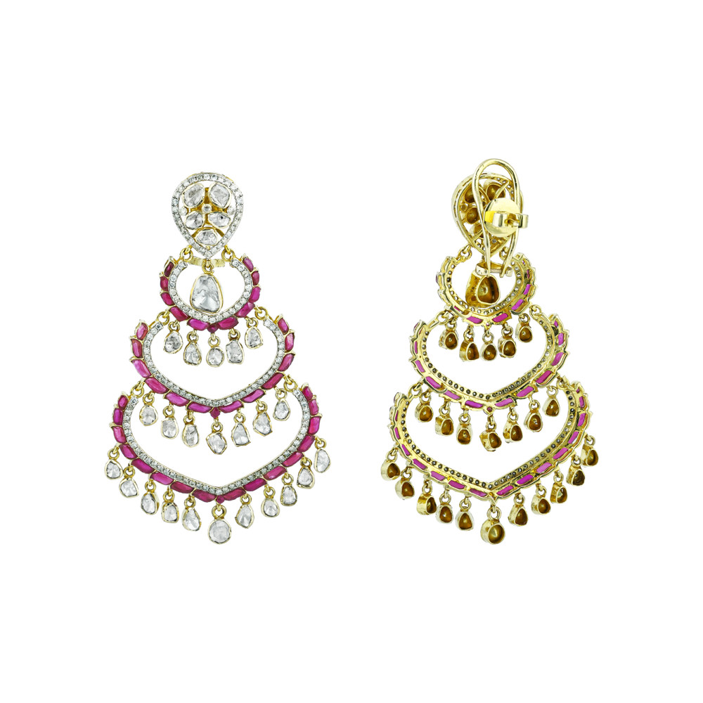 Chandelier Earrings with Polki, Red Talaf Accents and Diamonds