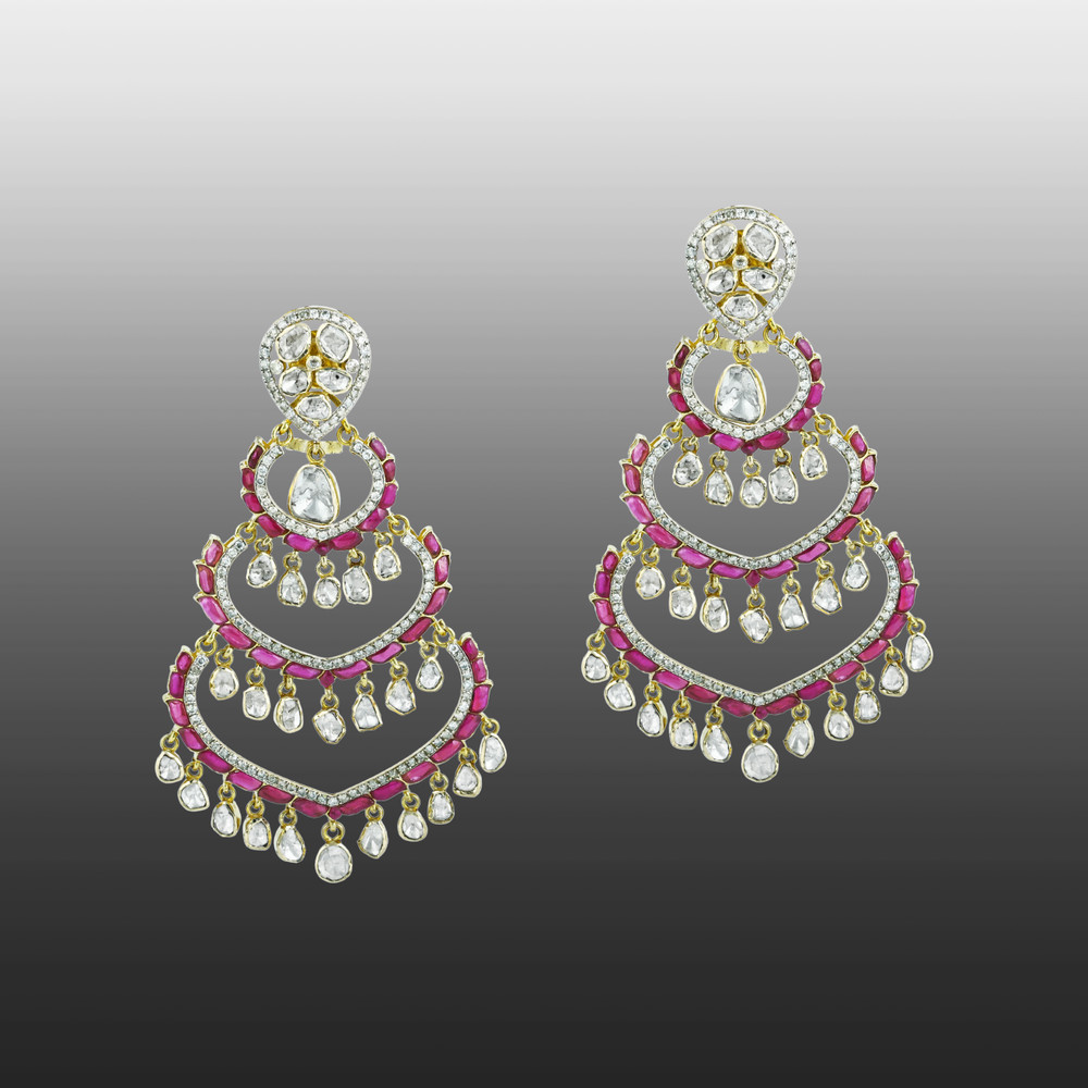 Chandelier Earrings with Polki, Red Talaf Accents and Diamonds