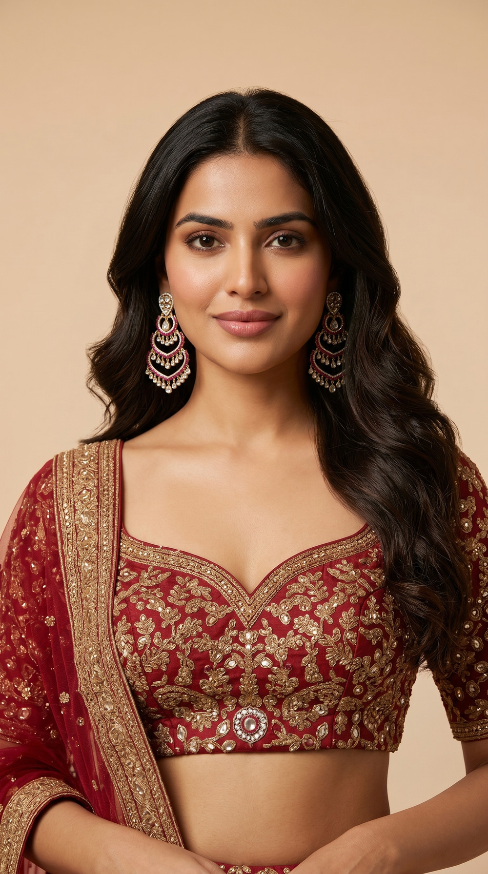 Chandelier Earrings with Polki, Red Talaf Accents and Diamonds