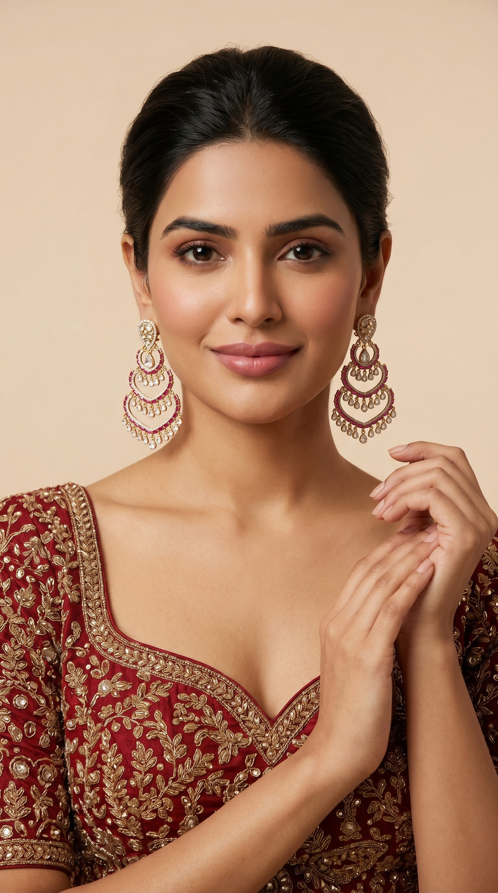 Chandelier Earrings with Polki, Red Talaf Accents and Diamonds