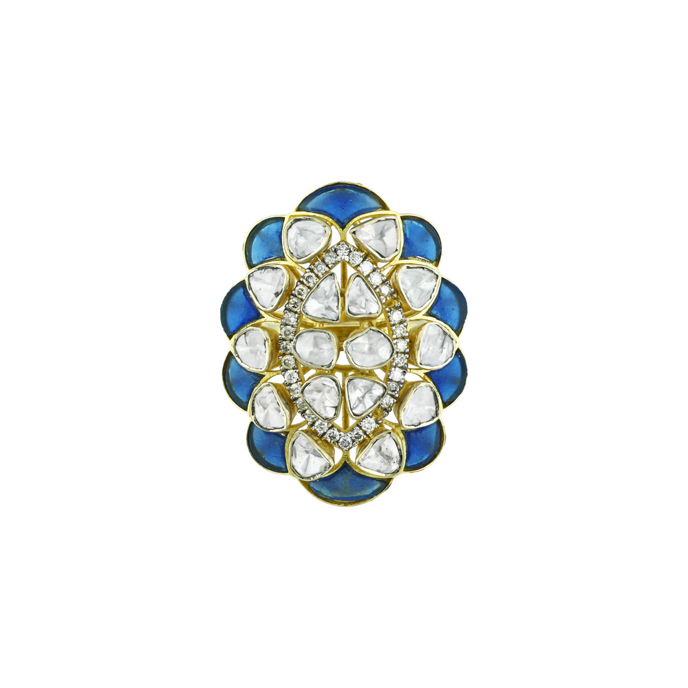 Floral Polki Ring with Blue Talaf and Diamonds