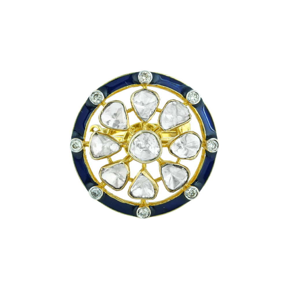 Polki Ring with Deep Blue Enamel Border and Diamond Accents