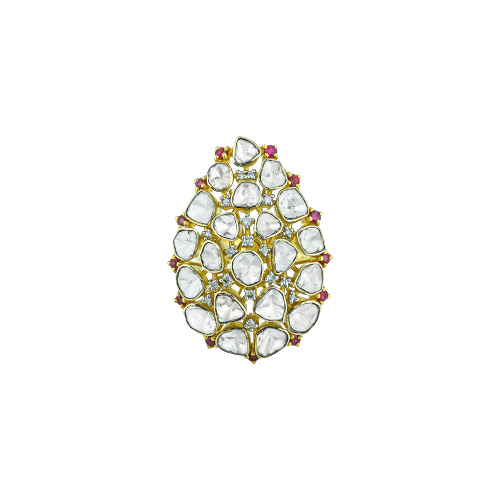 Teardrop Polki Ring with Red Accents and Polki Cluster