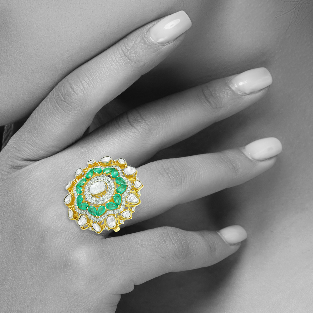 Floral Polki Ring with Green Accents and Sunburst Design