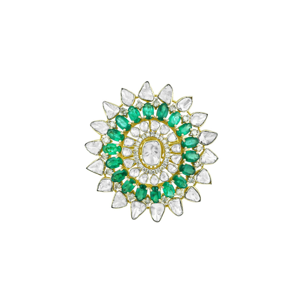 Floral Polki Ring with Green Accents and Sunburst Design