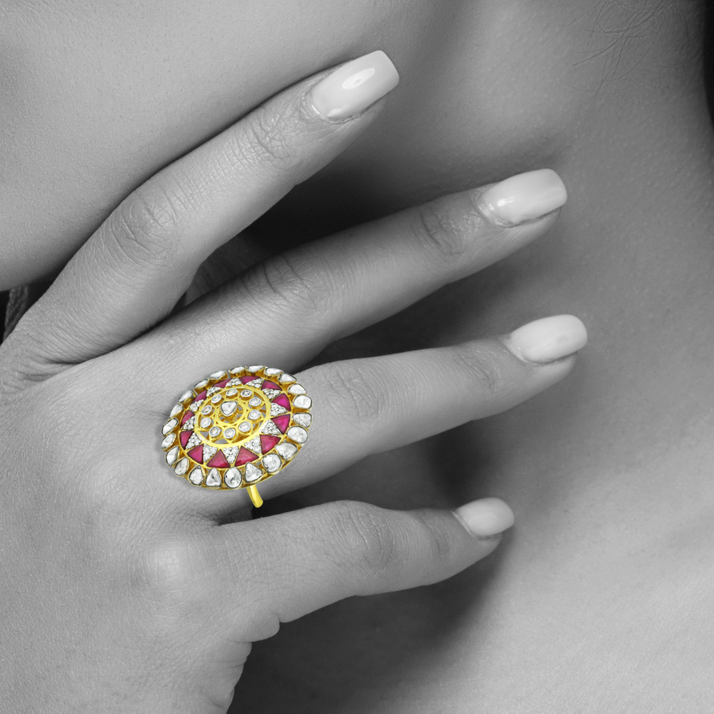 Polki Ring with Red Talafs and Polki Detailing
