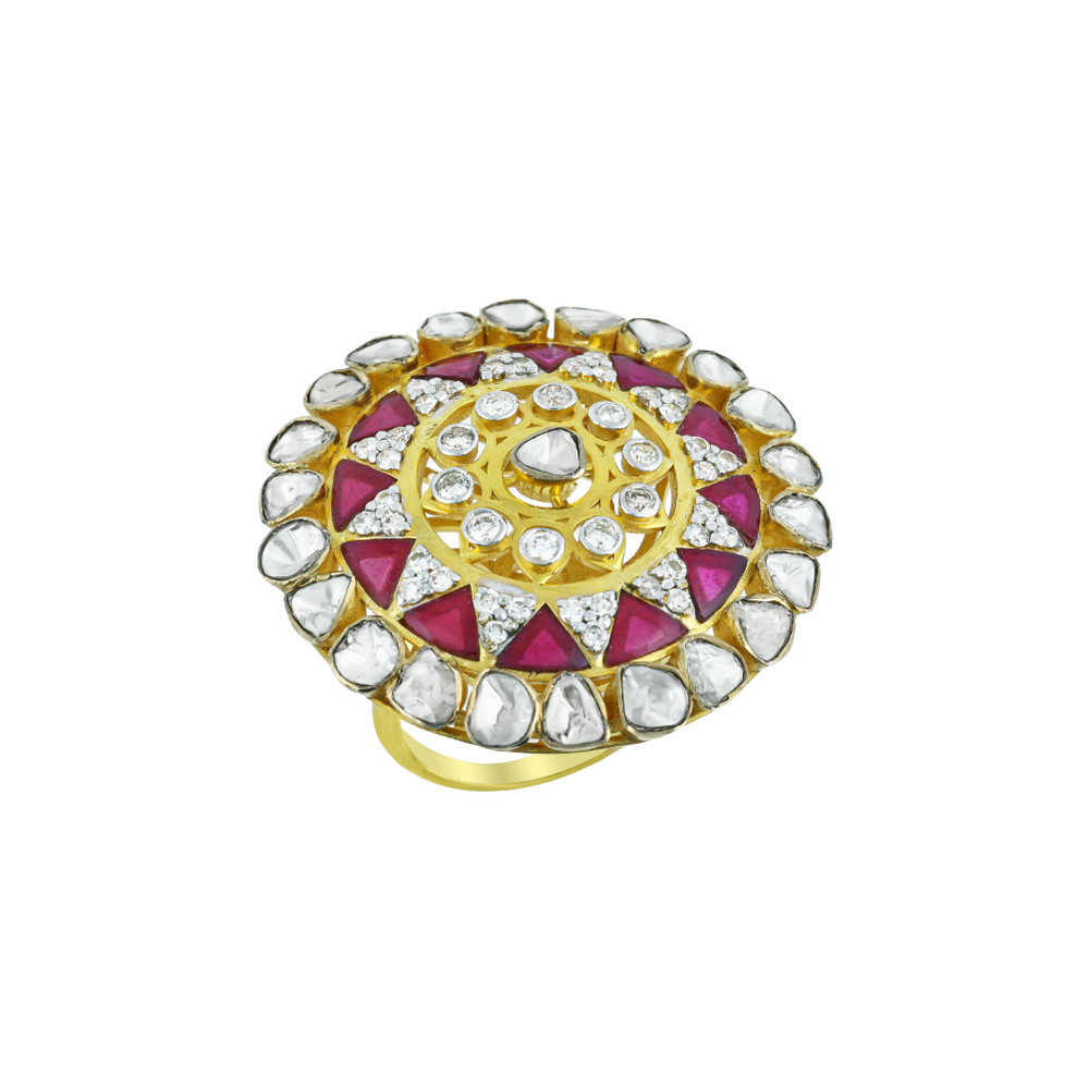 Polki Ring with Red Talafs and Polki Detailing