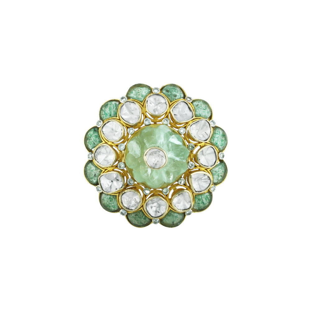 Floral Open Polki Ring with Center Melon Stone