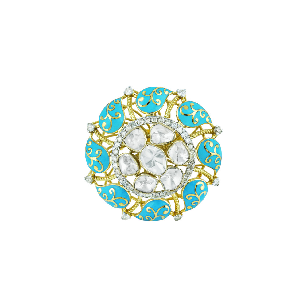 Polki Ring with Turquoise Enamel and Gold Accents