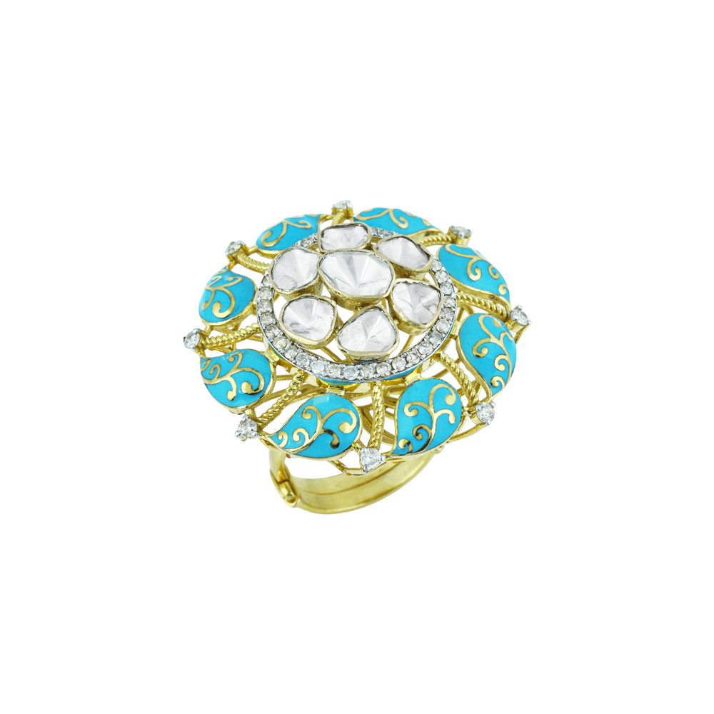 Polki Ring with Turquoise Enamel and Gold Accents