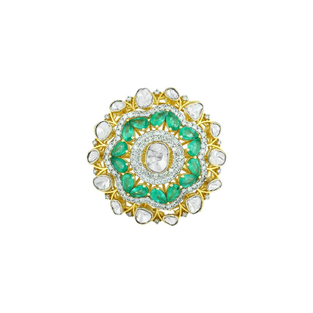 Polki Ring with Green Cut Stone and Diamond Border
