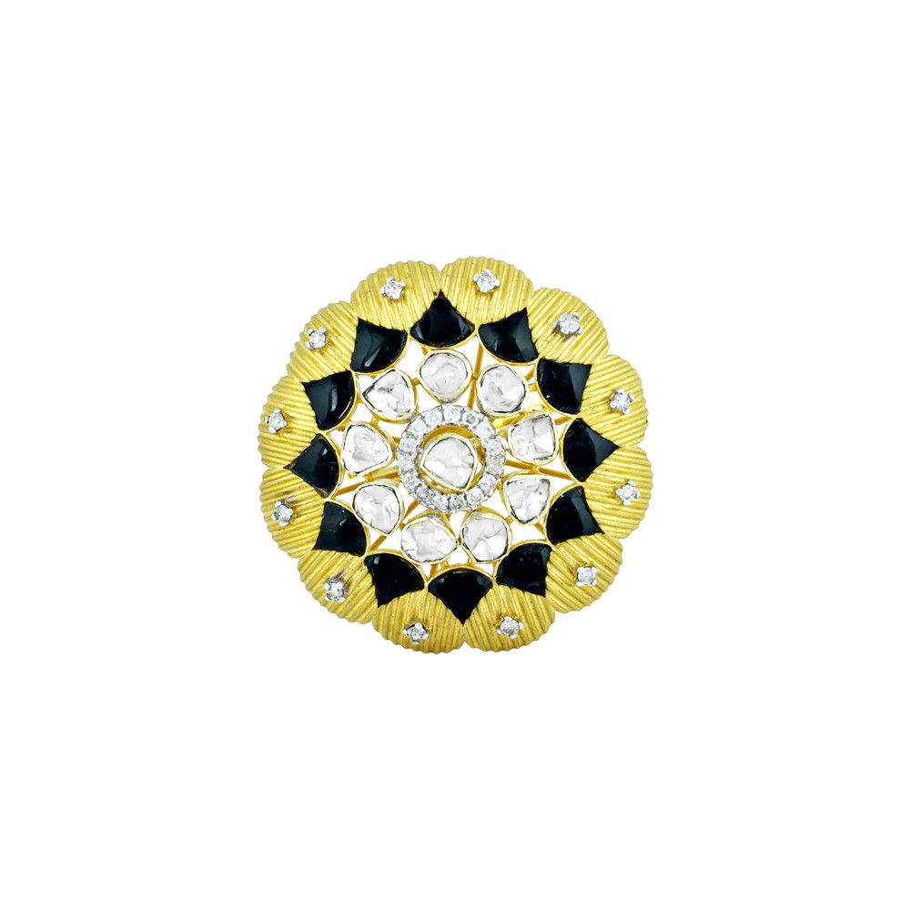 Polki Ring with Black Enamel, Gold Detailing, and Diamonds