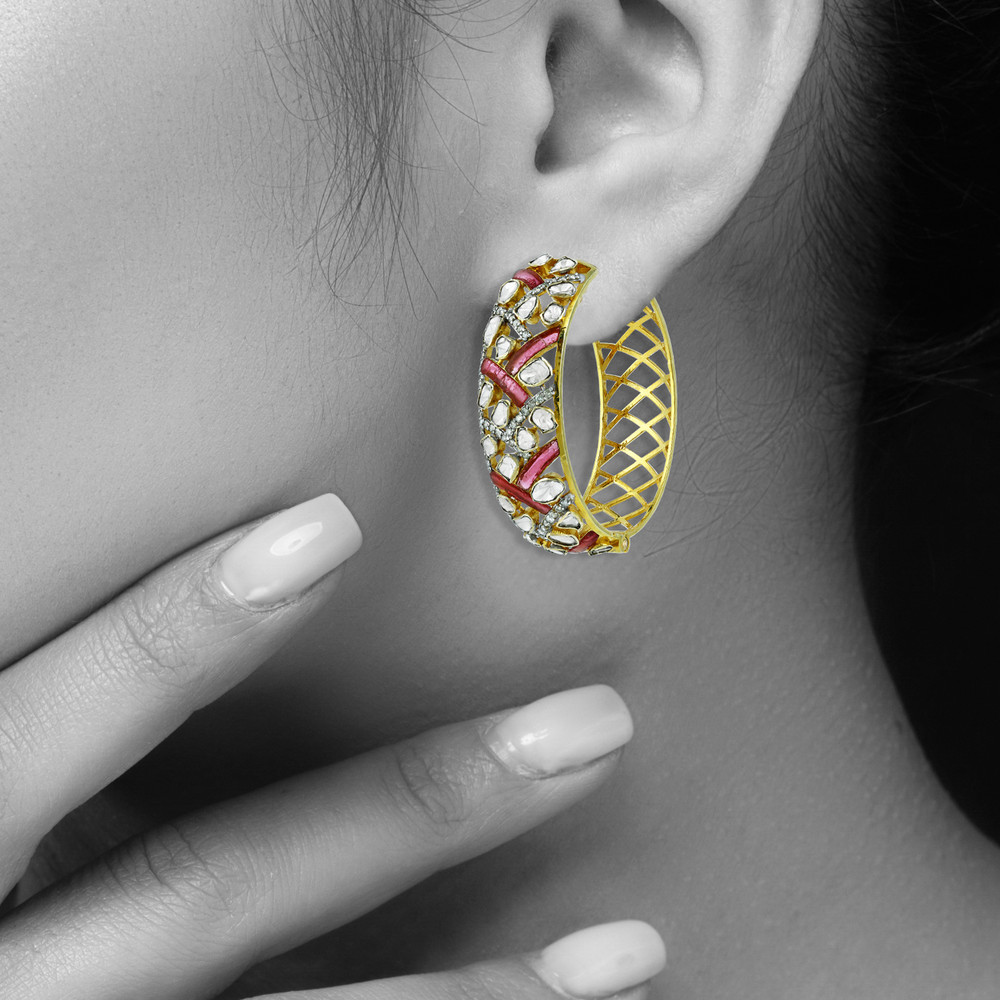 Wide Polki Hoops with Red Gemstones and Chevron Pattern