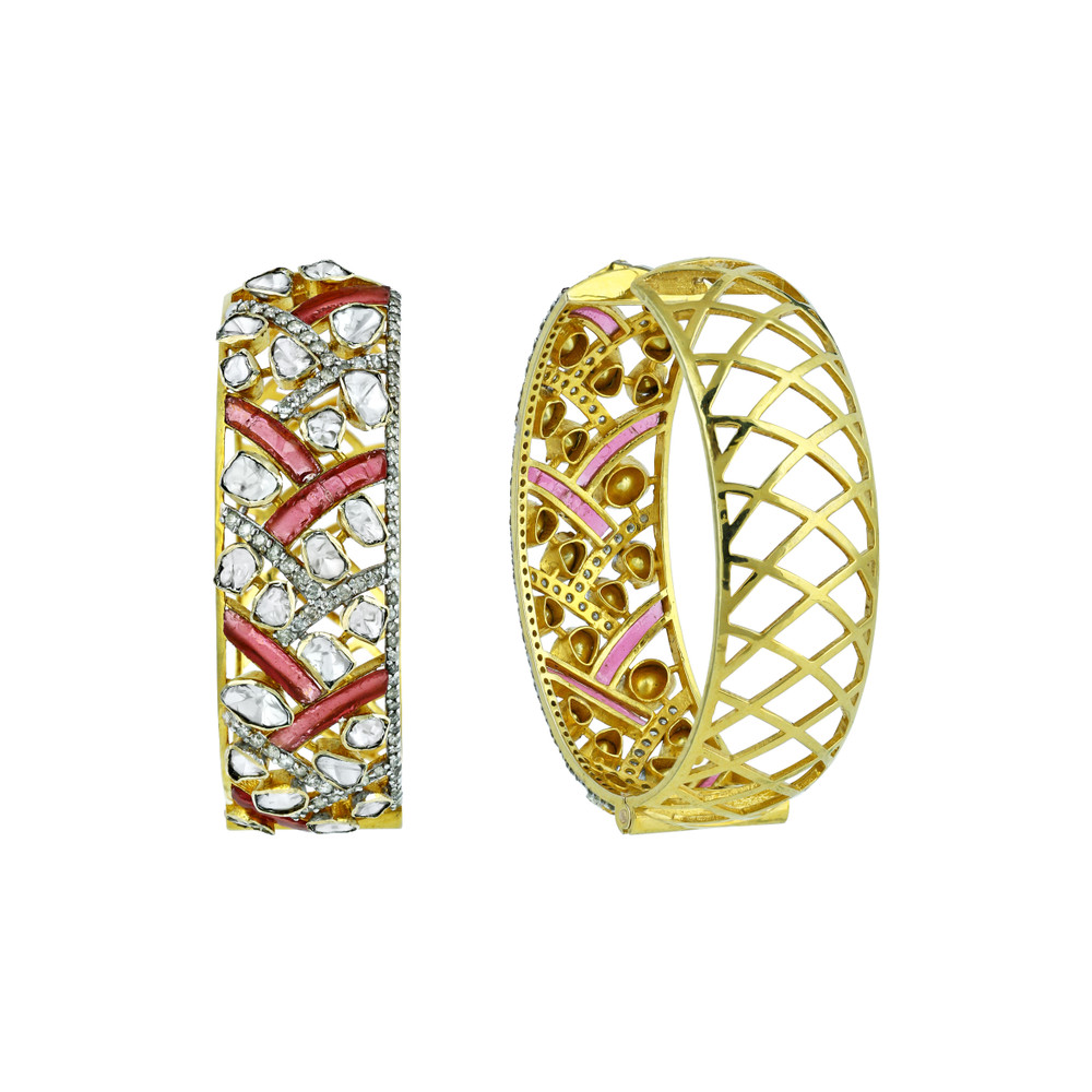 Wide Polki Hoops with Red Gemstones and Chevron Pattern