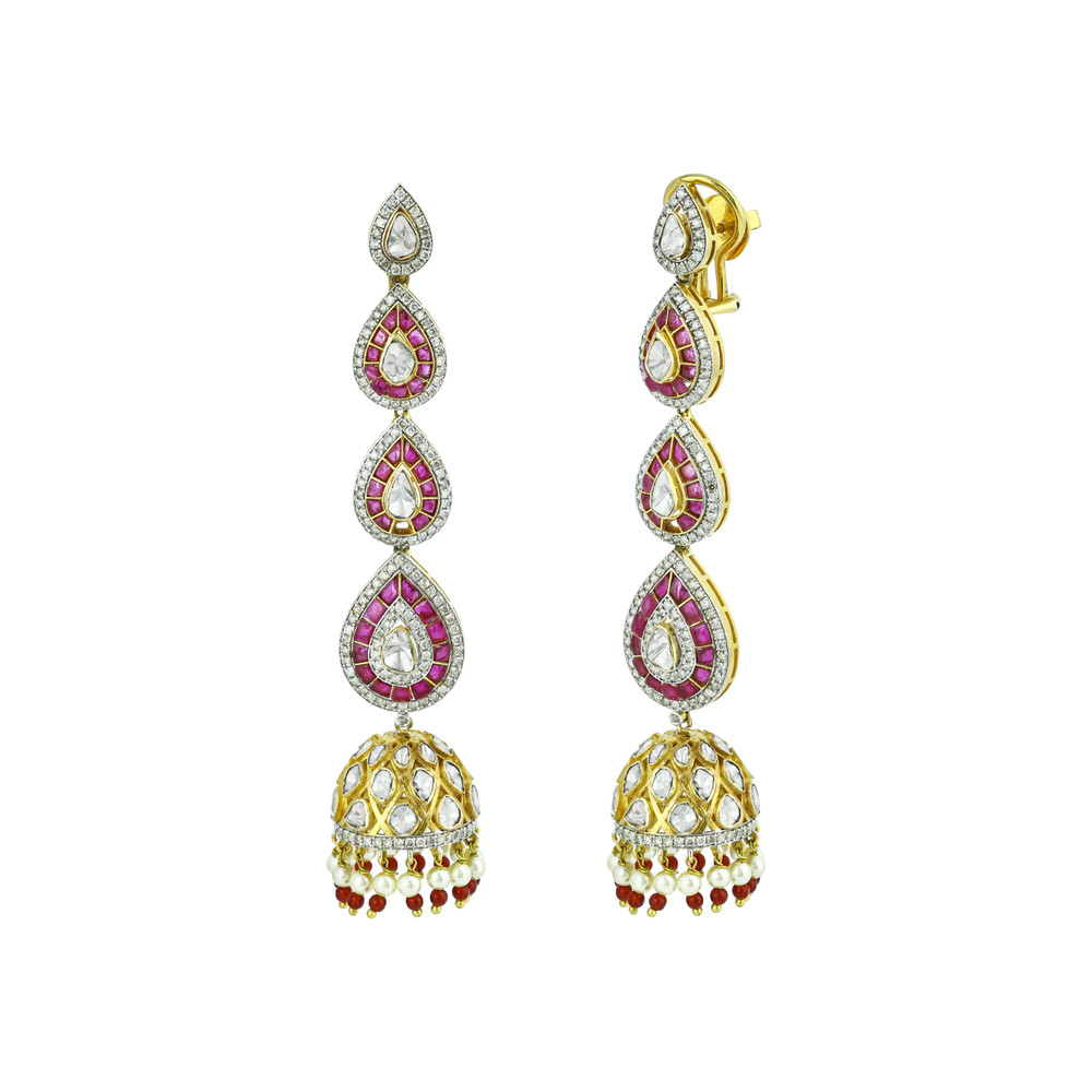 Cascading Polki Earrings with Red Talafs and Jhumka Design