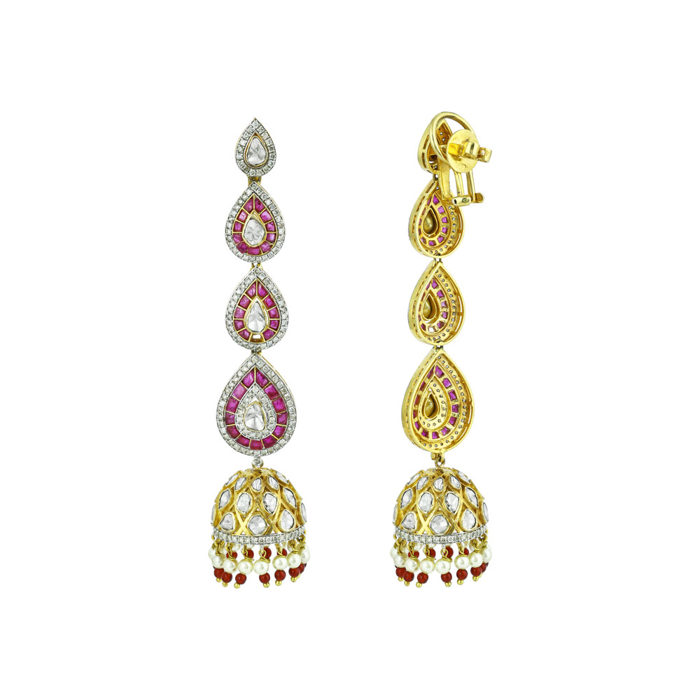 Cascading Polki Earrings with Red Talafs and Jhumka Design