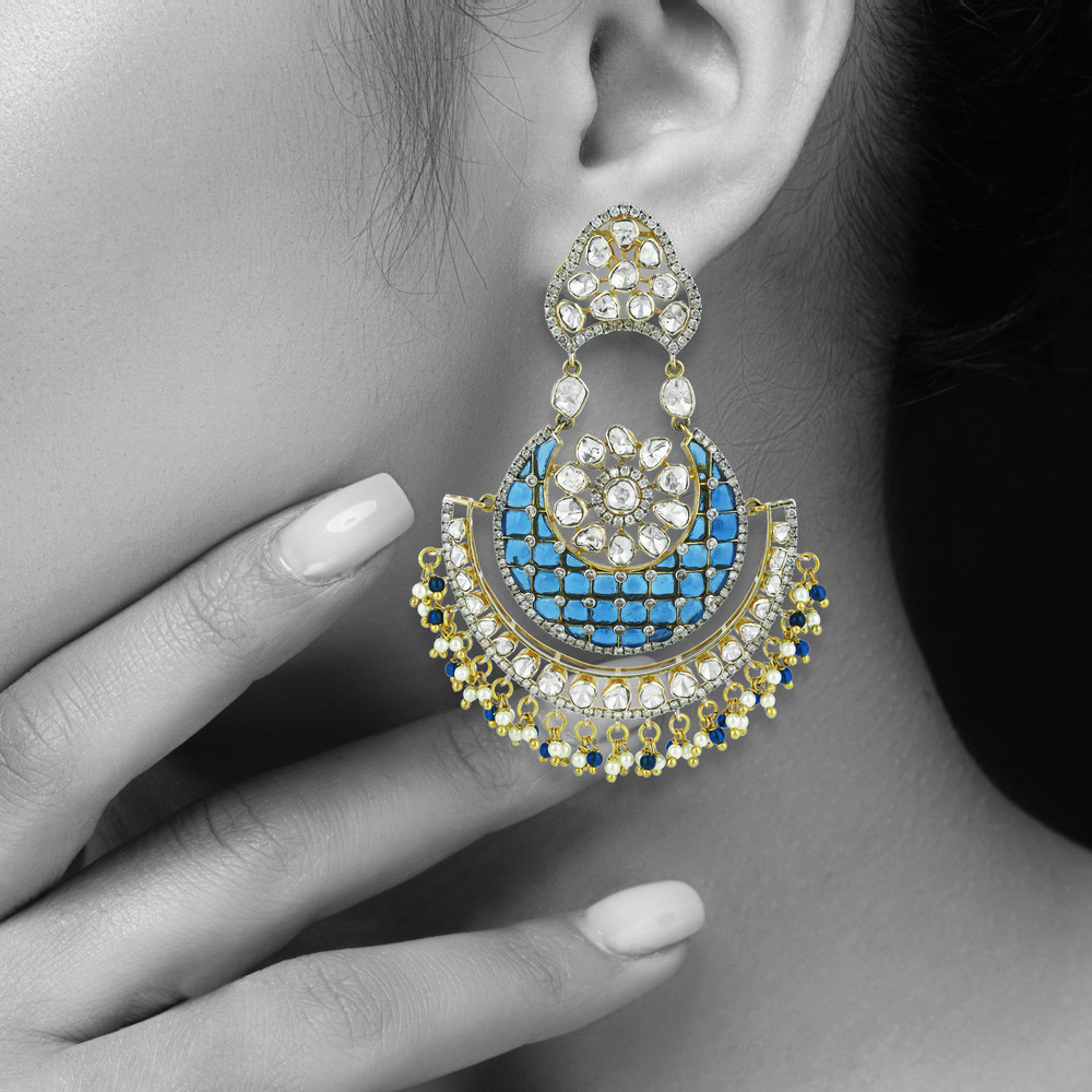 Crescent Chandbali Earrings with Polki, Blue Talaf, and Beads
