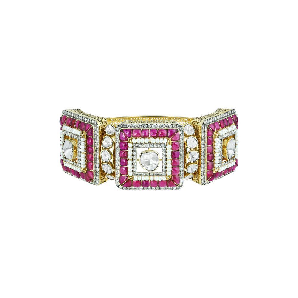 Geometric Red Talaf and Polki Bangle with Pearls Accents