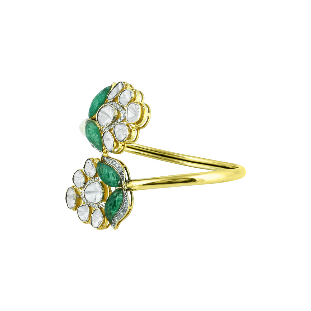 Floral Polki Bangle with Green Talaf Stone and Dual-Flower Design