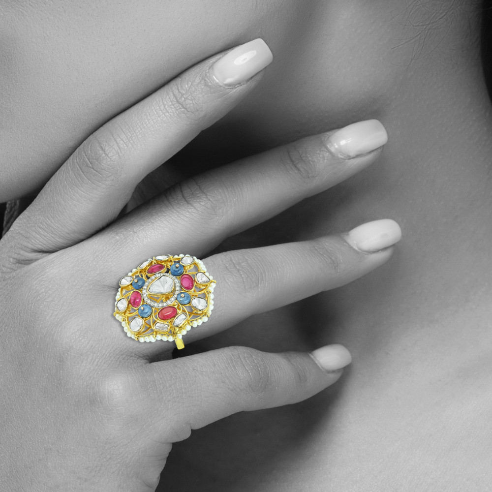 Polki Ring with Red and Blue Gemstones, Diamond Halo, and Pearls