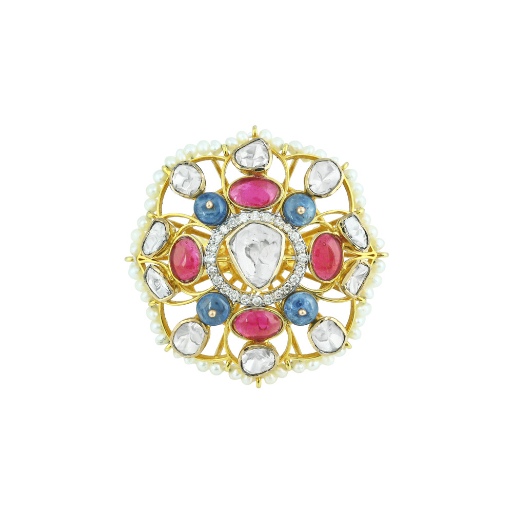 Polki Ring with Red and Blue Gemstones, Diamond Halo, and Pearls