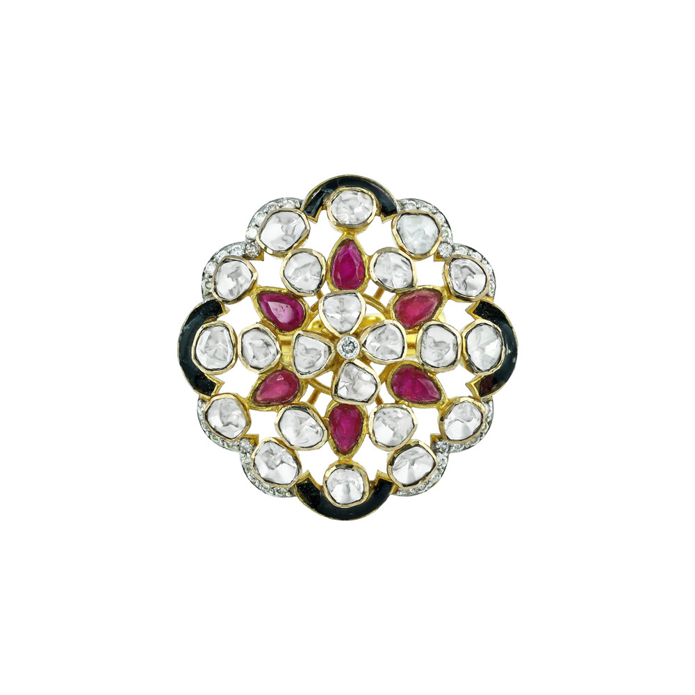 Floral Polki Ring with Red Talaf, Black colour stone, and Diamonds