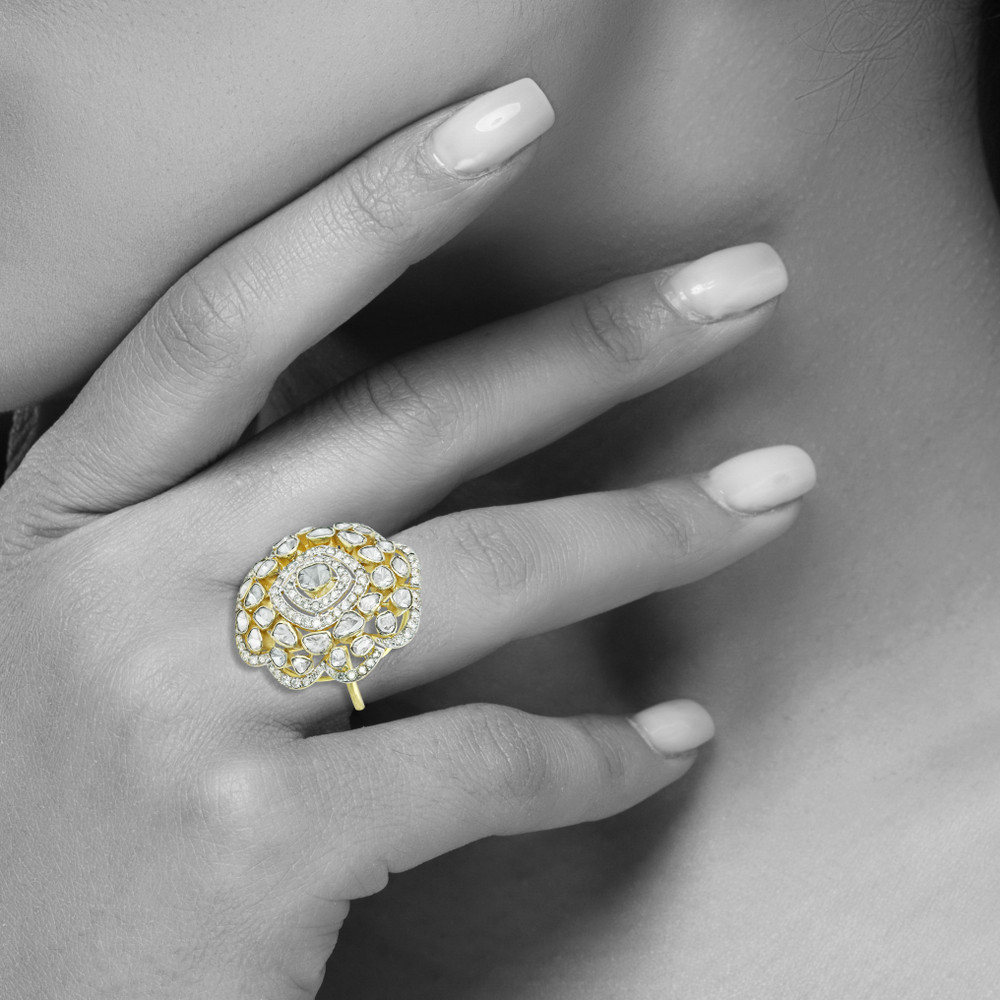 Floral Polki Ring with Radiant Diamond Cluster and Petal Detailing