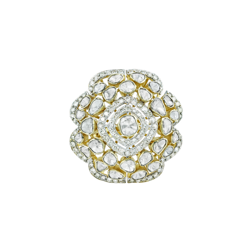 Floral Polki Ring with Radiant Diamond Cluster and Petal Detailing