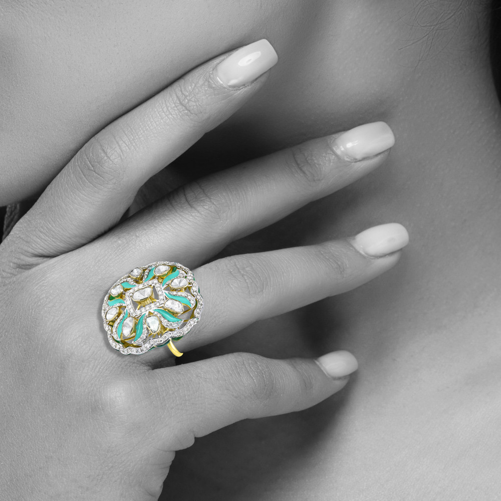 Polki Ring with Turquoise Enamel and Diamond Accents