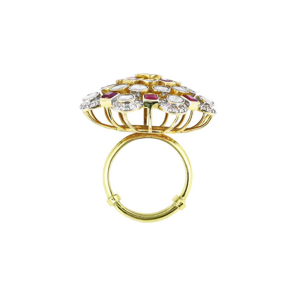 Floral Polki Ring with Square-Cut Red Stone and Diamond Border