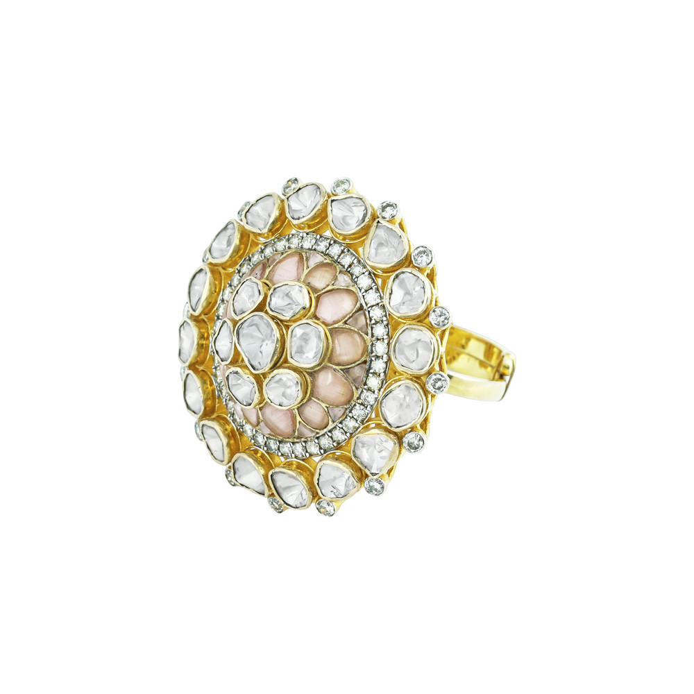 Floral Polki Ring with Pink Morganite Talaf and Diamond Halo