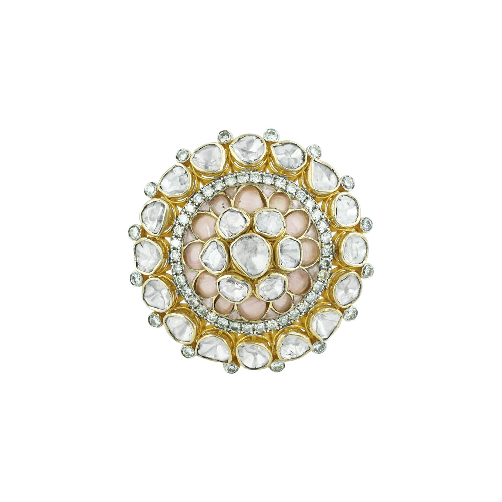 Floral Polki Ring with Pink Morganite Talaf and Diamond Halo
