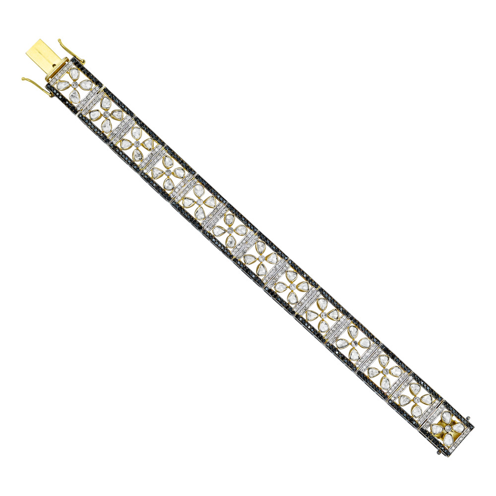 Tennis Bracelet with Floral Polkis and Black Diamond Border
