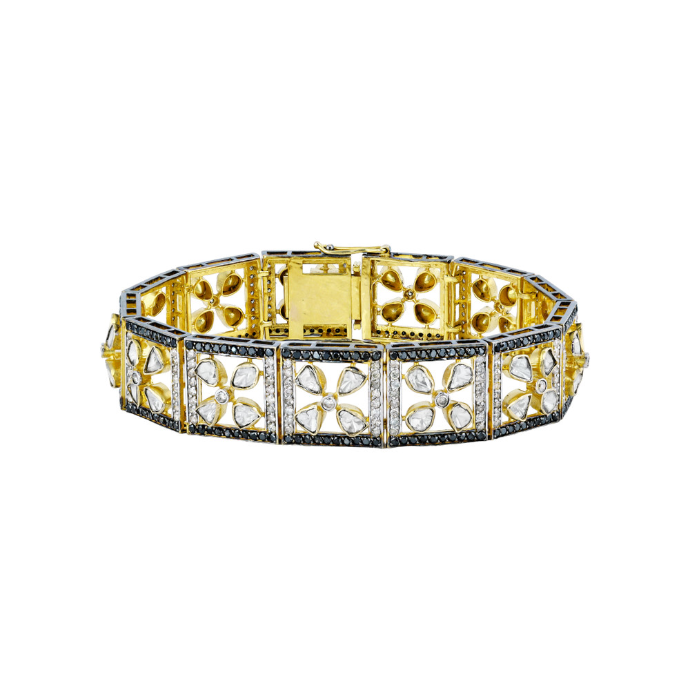 Tennis Bracelet with Floral Polkis and Black Diamond Border