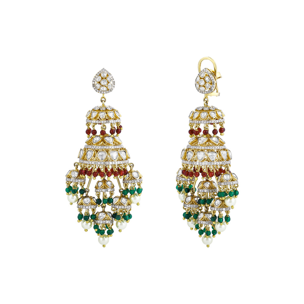 Polki Chandelier Earrings with Green and Red Beads, Pearl Drops
