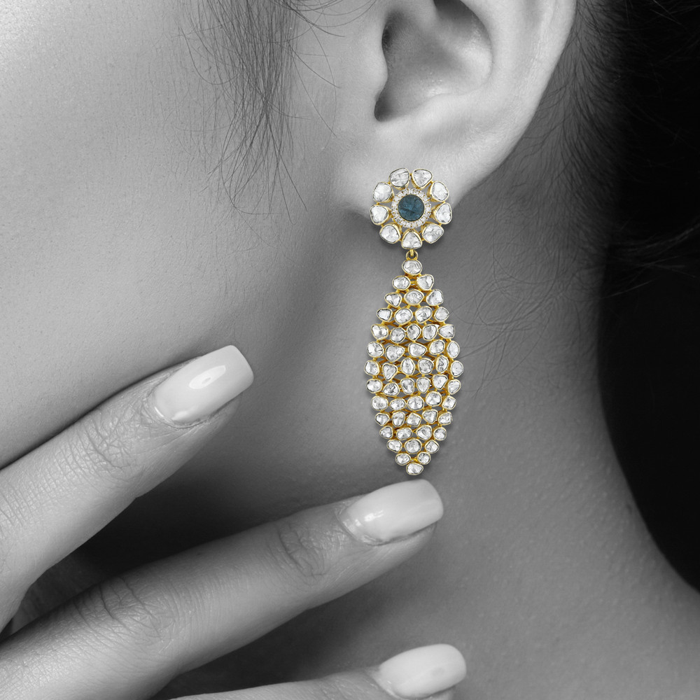 Polki Earrings with Blue Gemstone Center and Uncut Diamonds