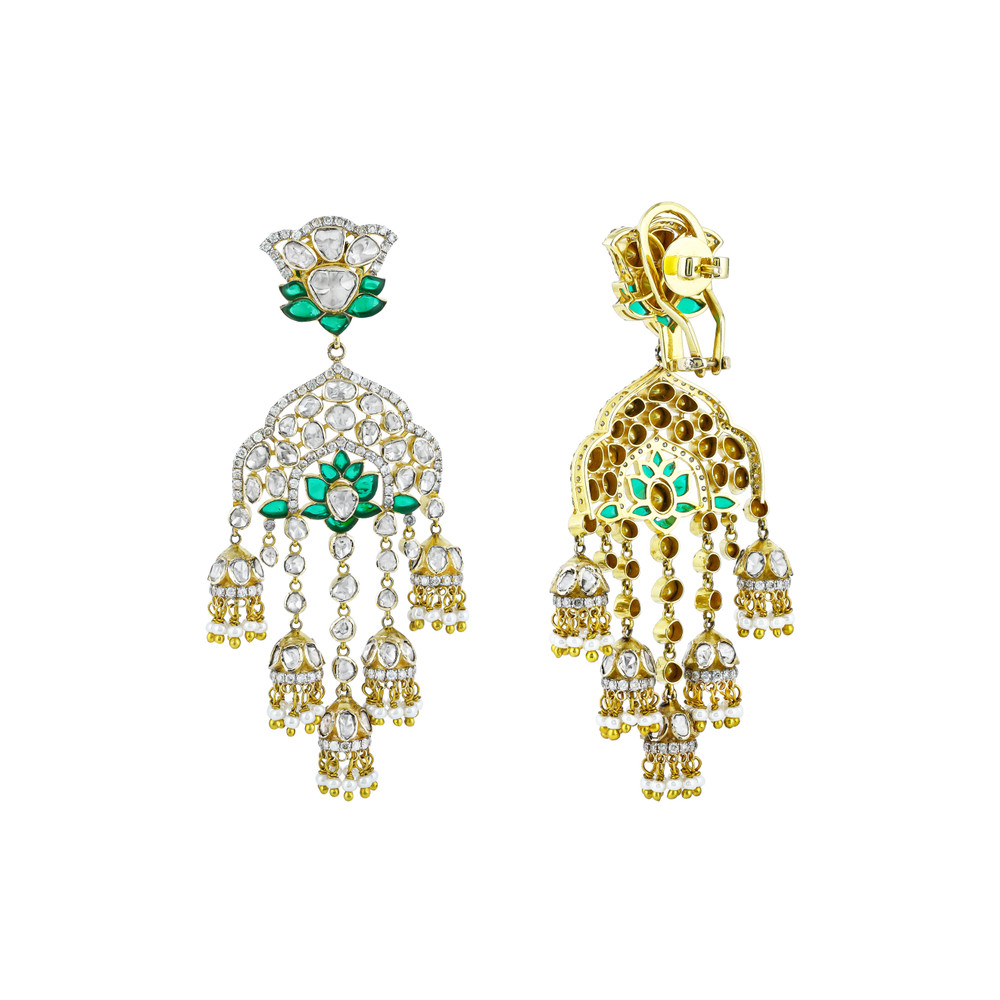 Polki Designer Jhumka Earrings with GreenTalaf Lotus and Pearl Accents
