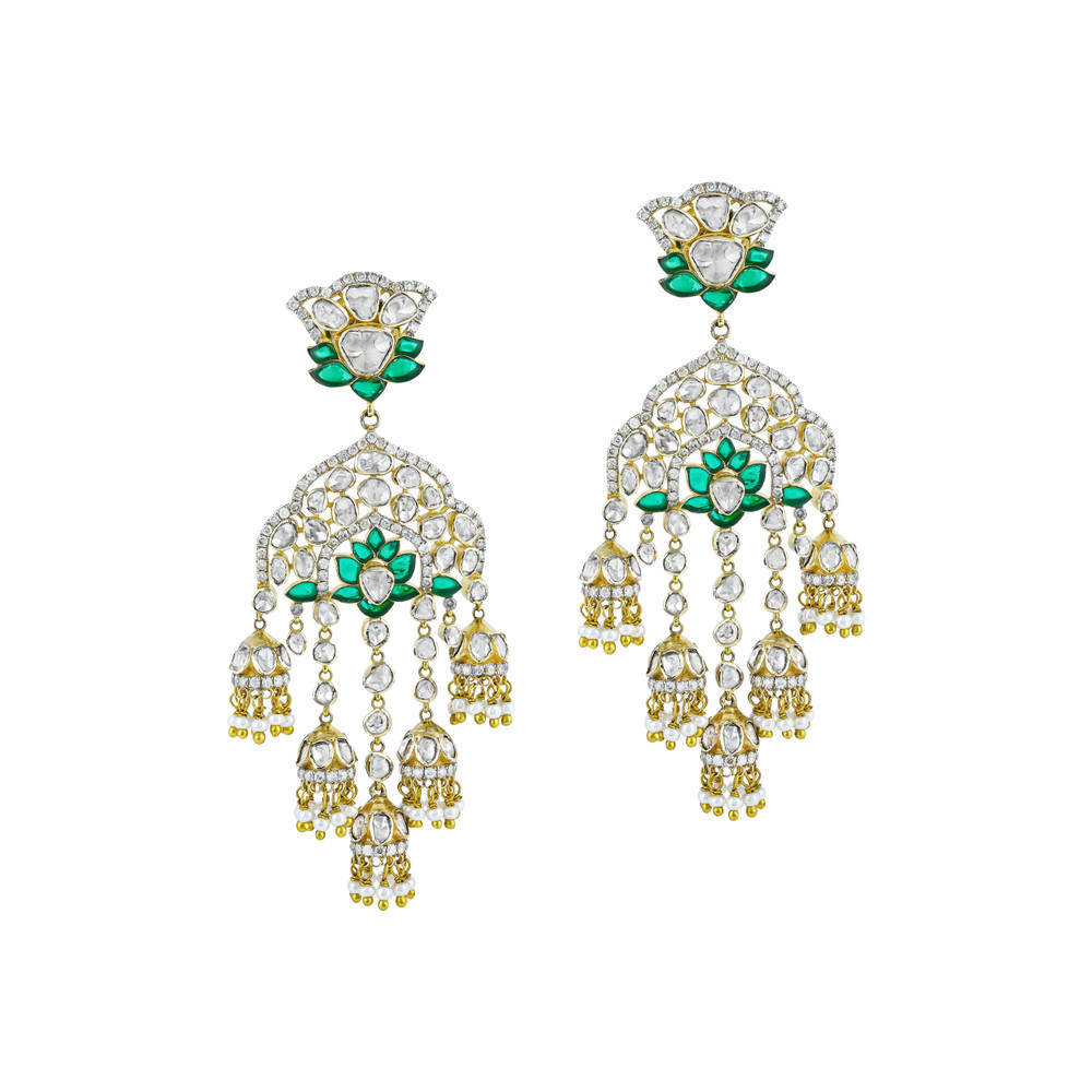Polki Designer Jhumka Earrings with GreenTalaf Lotus and Pearl Accents