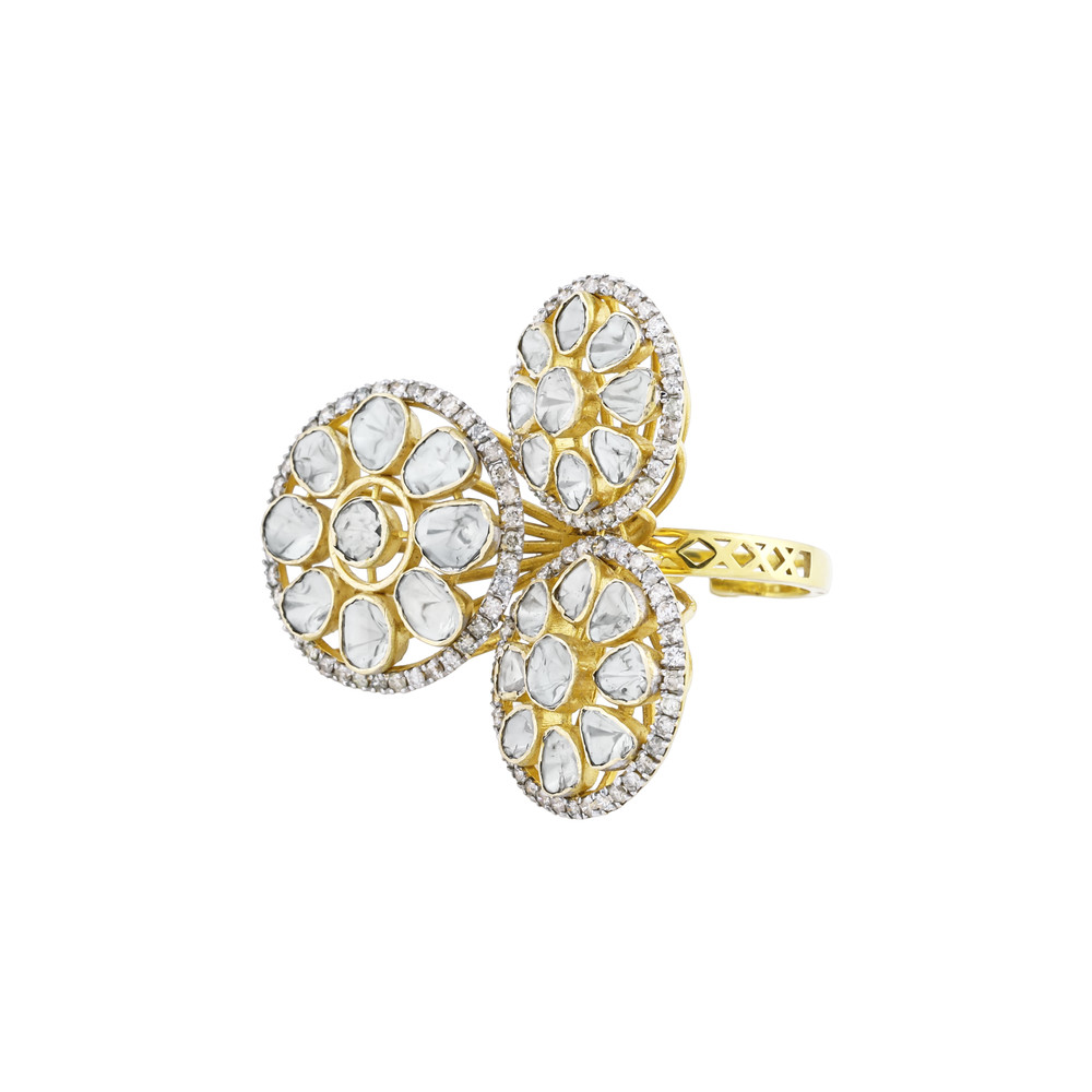 Triple Circle Polki Ring with Diamond Halo and Polki Cluster