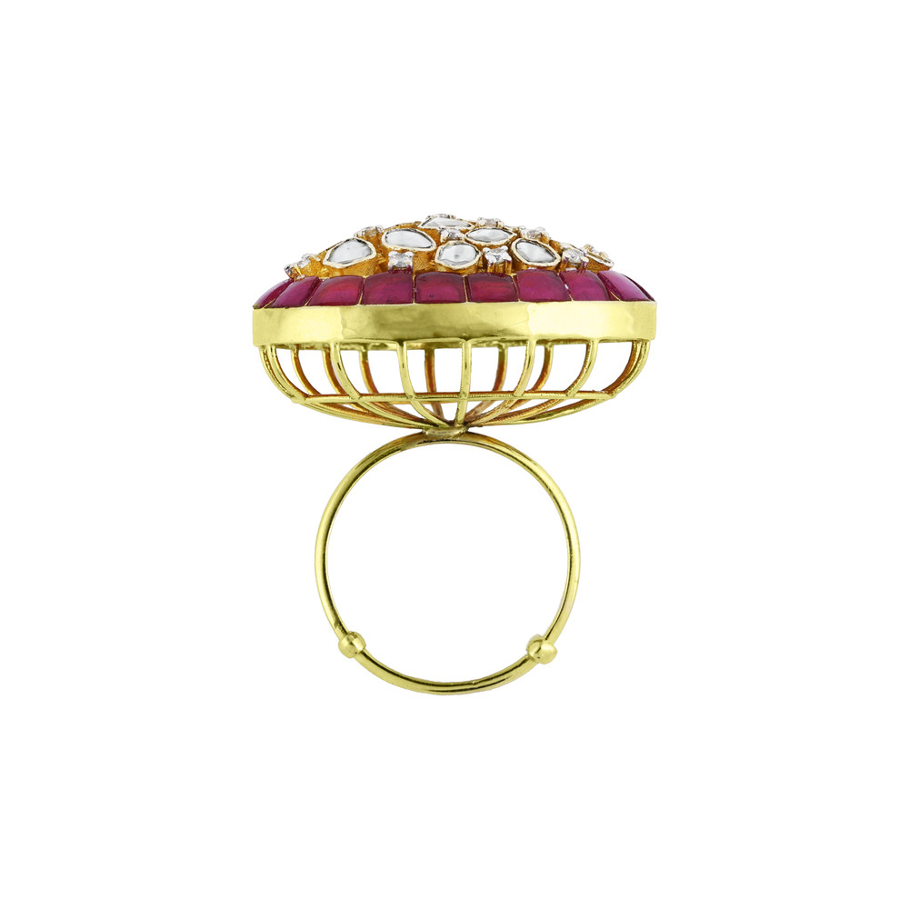 Triangular Polki Ring with Red Talaf and Diamond Cluster