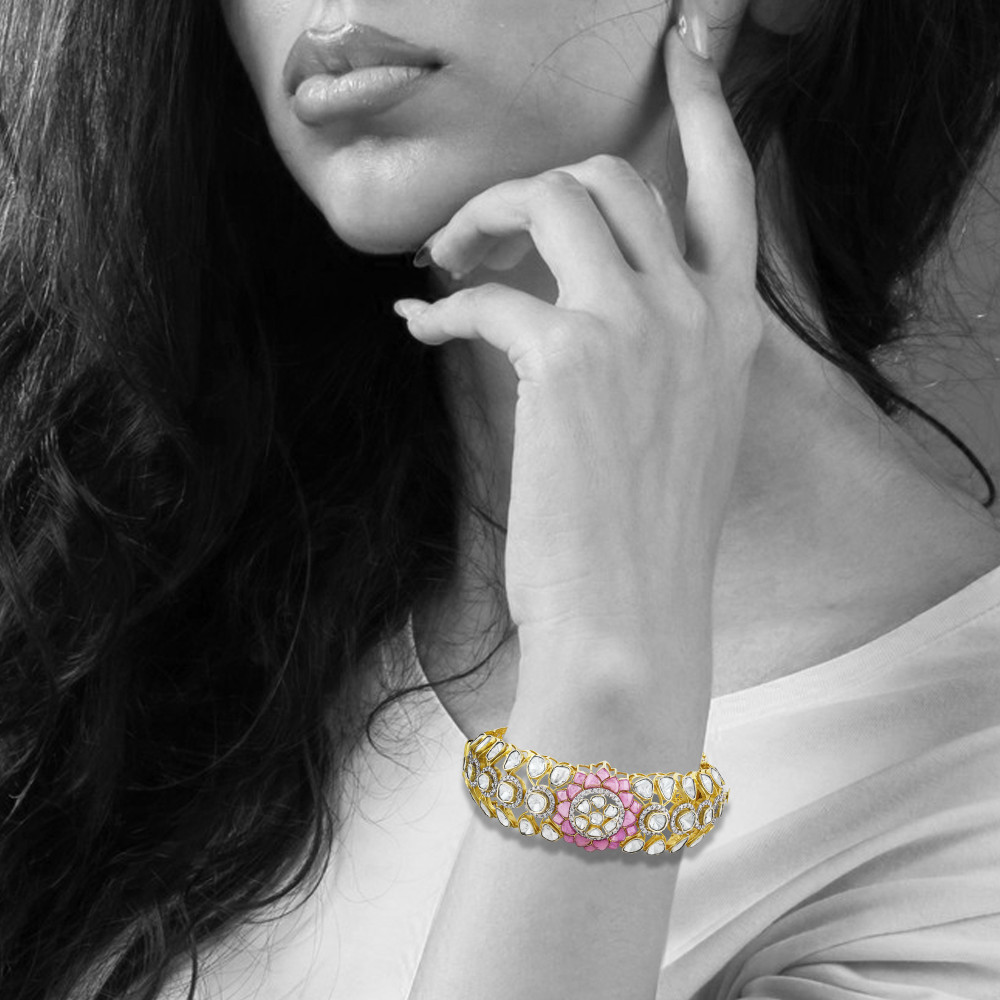 Bangle with Polki and Pink Talaf Floral Motif