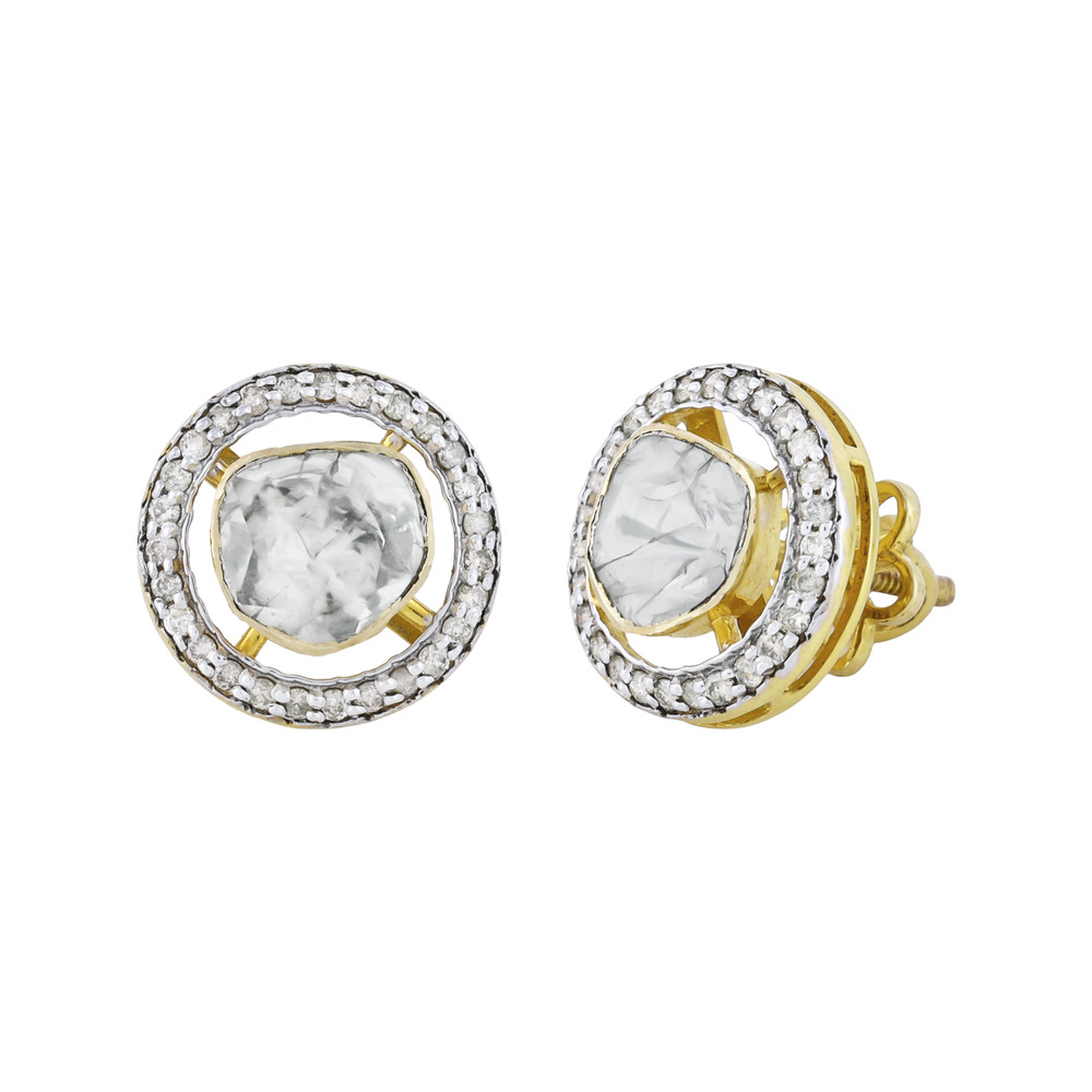 Round Polki Earrings with Diamond Halo