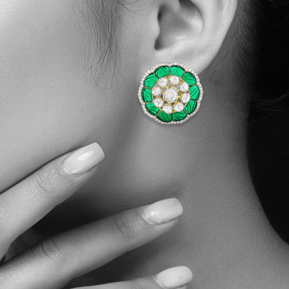 Floral Polki Earrings with Green Talaf Petals and Diamond Halo