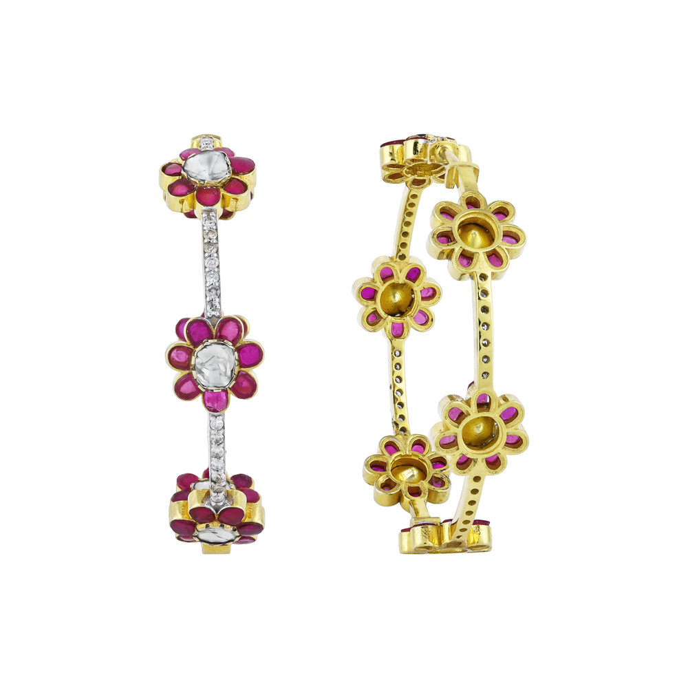 Red Talaf Floral Hoop Earrings with Polki and Diamonds