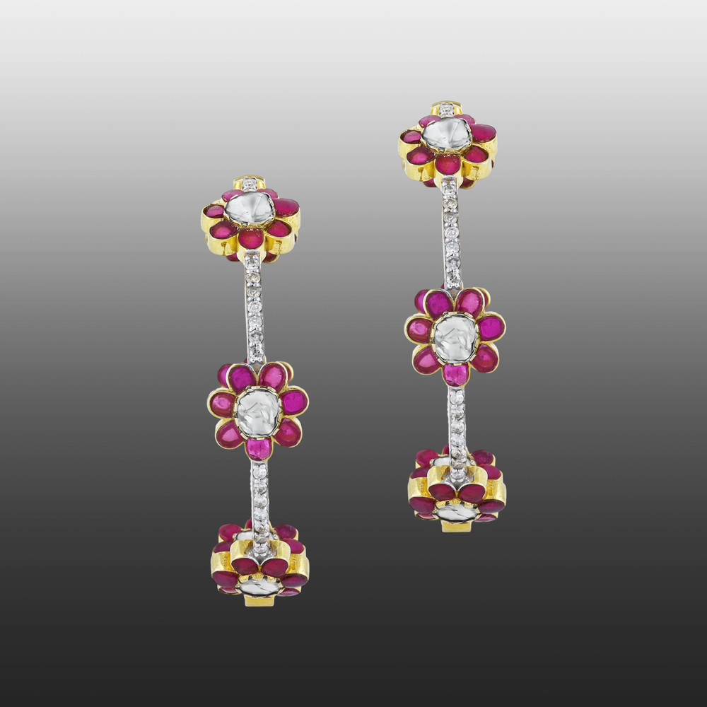 Red Talaf Floral Hoop Earrings with Polki and Diamonds