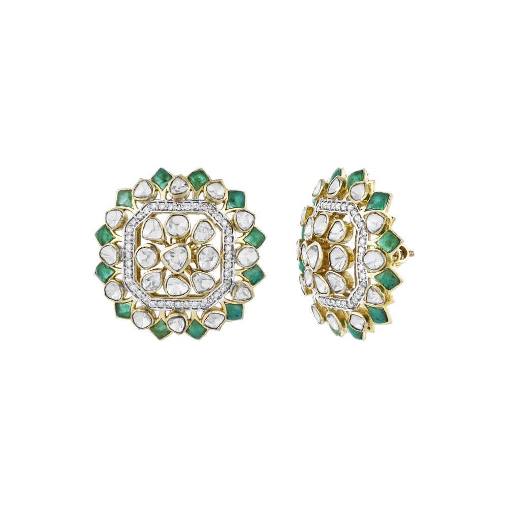 Round Polki Earrings with Green Talaf and Diamond Border