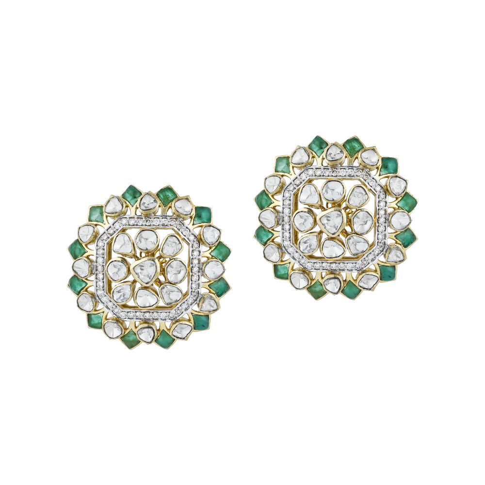 Round Polki Earrings with Green Talaf and Diamond Border