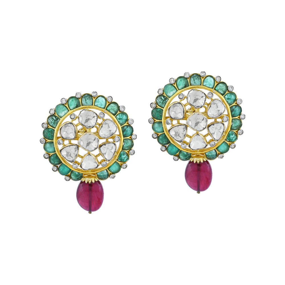 Round Polki Earrings with GreenTalaf and Red Colour bead