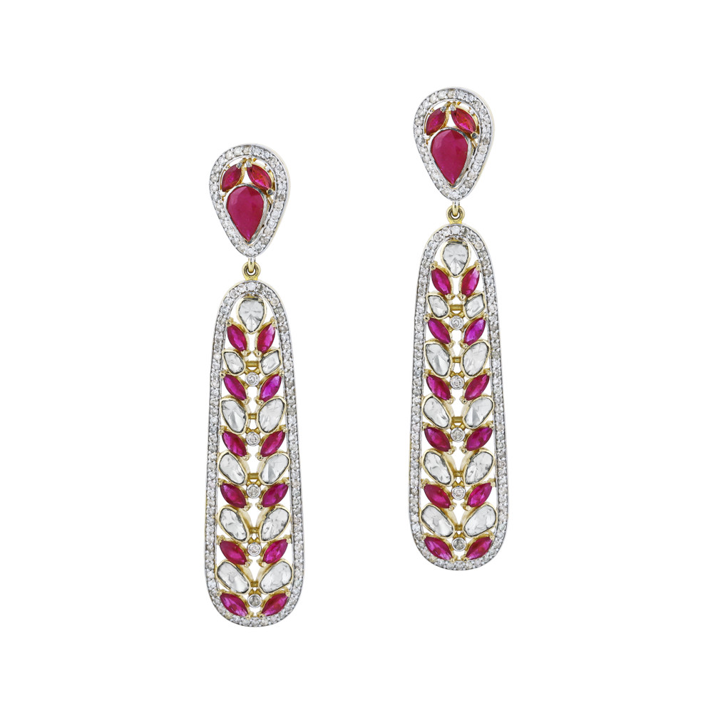 Leaf Pattern Polki Earrings with Red Cut Stone and Diamond Border